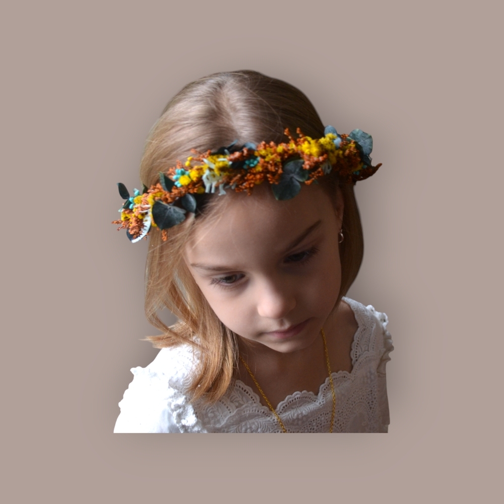 Floral Crown, green yellow and orange. Real preserved flowers